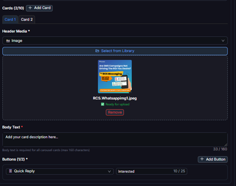 Figure 10 — Carousel card editor with media, body text, and buttons per card.